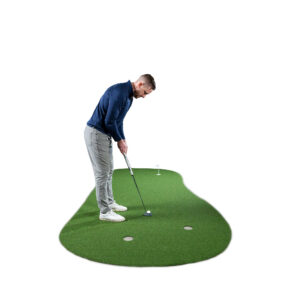 Man using an Indoor/Outdoor Golf Putting Green Practice Mat